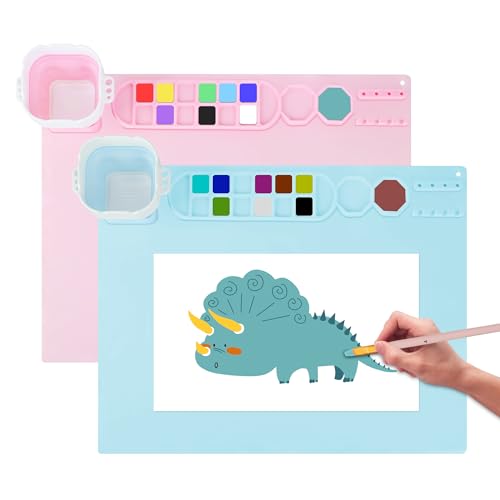 Silicone Painting Mat, Reusable Artist Mat with Spill Proof Cup and Non Stick Fabric Palettes, 16 Color Dividers Craft Mat for Artist Clay DIY and Acrylic Painting(Pink+Blue) - color: Pink+blue
