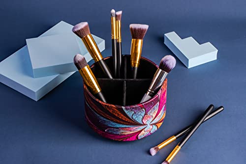 Round Leather Art Supply Organizer,Remote Control Holder,360 Degree Rotating,Multi-Functional Pencil Holder,4 Compartments Desktop Stationary Organizer(1-Fractal Flower) - color: 1-Fractal Flower