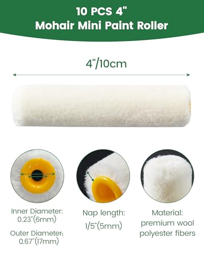 Voomey Mohair Mini Paint Roller 4 Inch Wool Blend Covers 10 Pack - style: 4 inch(Mohair Mini Paint Roller) 10 pack