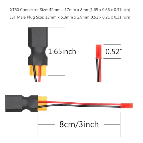 XT60 Connector Adapter with JST Plug 3", 20AWG Cable, Gold-Plated Plug - style: XT60 Male to Female Connector with JST (Male) - 3Pcs