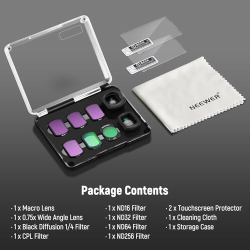 NEEWER ND Filter Set Compatible with DJI Osmo Pocket 3 / Pocket 4 / Xtra Muse, ND16/32/64/256, CPL, Black Diffusion 1/4 Filter for Mist Cinematic Effect, Wide Angle, Macro Lens, FL-B17