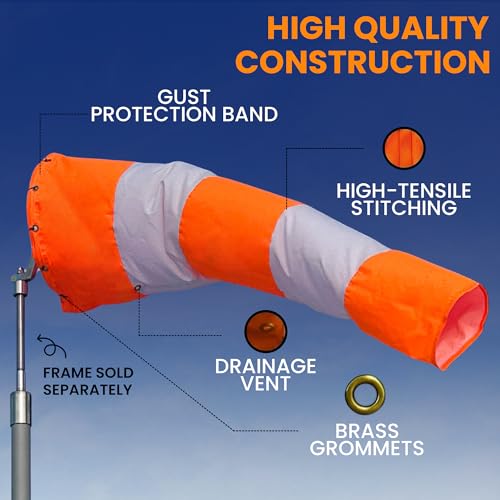 36"x144" Airport Windsock | FAA Compliant Heavy Duty, All Weather, Waterproof, UV Resistant, High Vis Fluorescent, Quad Stitched with Zip Ties for Industrial, Aviation, Agriculture Use| Orange & White - size: 36"x144"