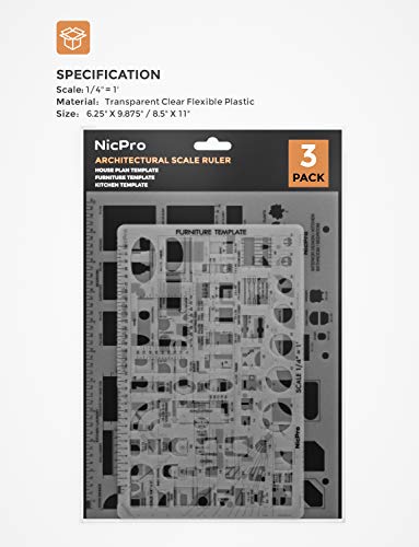 Nicpro Architectural Drafting Tools, 3 PCS Templates for House Plan Furniture Kitchen, Building, Interior Design CAD Drawing, Geometry Measuring Template Ruler Supplies