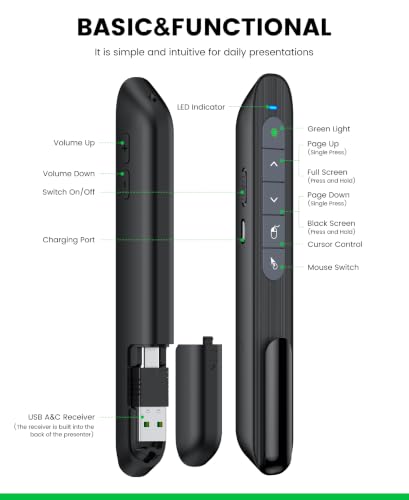 Green Light Wireless Presentation Clicker with Air Mouse, 2.4GHz Rechargeable USB-A/USB-C PowerPoint Clicker Slide Advancer, Presenter for PC, Mac, Computer - color: Green L+Rechargeable+Mouse