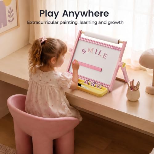 Tiny Land Tabletop Kids Art Easel, 5-Level Magnetic Drawing Board - color: Pink