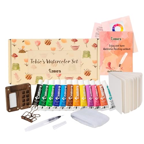 Tobios Mini Watercolor Kit, Travel Watercolor Set, Brush & Sketchbook