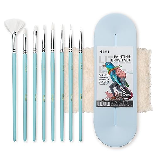 HIMI Paint Brushes Set 8 Pcs for Acrylic Oil Gouache Paint,2 Flat & 2 Round & 2 Liner &1 Filbret &1 Fan, 8pcs Brushs, Interesting Designed Nice Gift for Art hobbyist Beginners Artists (Blue,8 Pcs) - color: 8pcs-blue