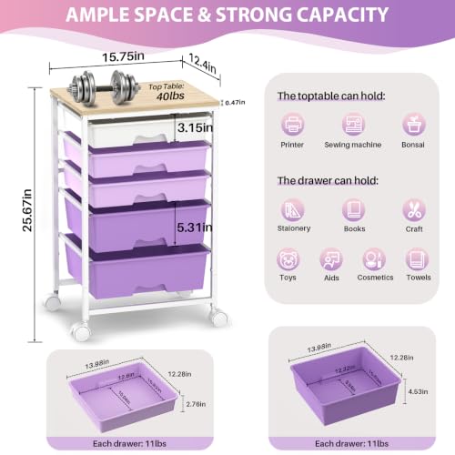 Goovilla Rolling Cart with 5 Drawers for Craft, Art, Dorm, Office, Purple - size: Purple