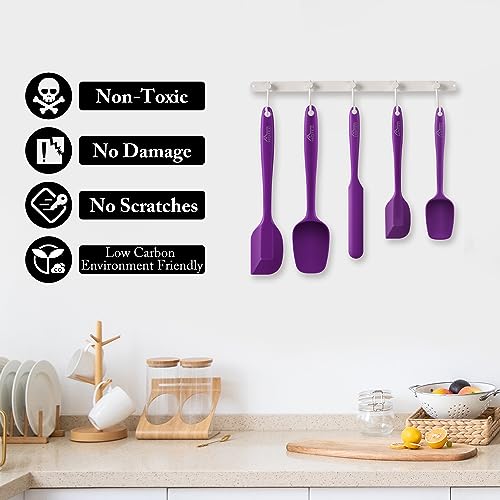 HOTEC 600℉ Heat Resistant BPA-Free Silicone Rubber Spatula Set for Baking, Cooking, and Mixing Non Stick Dishwasher Safe, Purple Set of 5 - color: Purple
