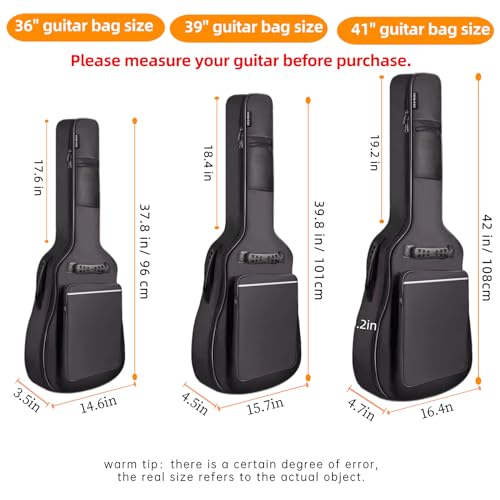 GIGKOUKI Guitar Bag 38 39 Inch Acoustic Guitar Gig Bag Soft Case 0.35 Inch Thick Padding Classical Guitar Backpack Large Pocket with Hanger Loop and Neck Strap(39 inch) - size: Acoustic 39 Inch
