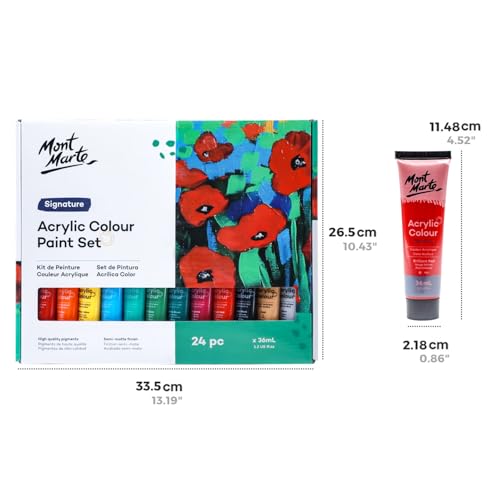 Mont Marte Acrylic Paint Set 24 Colours 36ml with Brush Set, Perfect for Canvas, Wood, Fabric, Leather, Cardboard, Paper, MDF and Crafts - color: Multi, size: 24 Count (Each 1.22 Fl Oz)