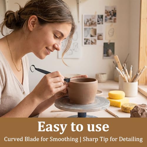 Pottery Trimming Tool Set, 5.67" Double-Ended Clay Trimmer with Stainless Steel Blade and Wood Handle, 6 Piece Ceramic Sculpting Tools for Bowl Foot Trimming