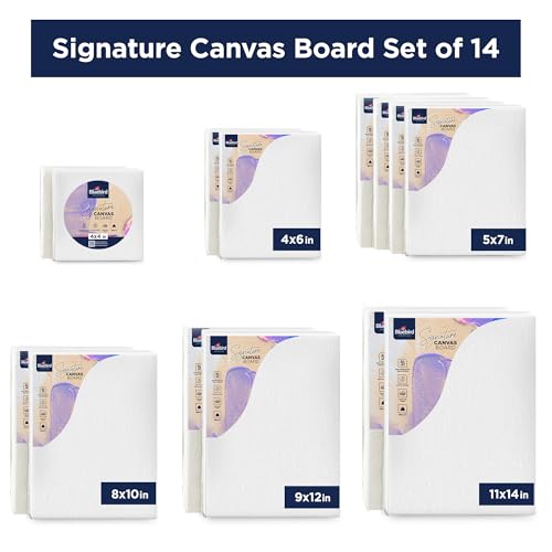 Bluebird Canvas Board - 4x4, 4x6, 5x7, 8x10, 9x12, 11x14. Set of 14 Gesso-Primed White Blank Canvases for Painting - 100% Cotton Canvas Board for Acrylic, Poster, Oil Paint