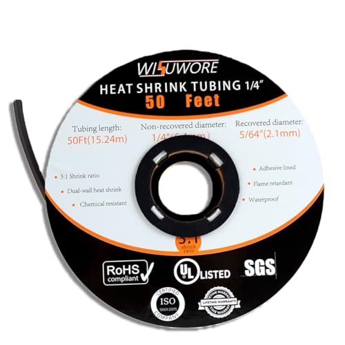 1/4" Dual Wall Heat Shrink Tubing 50FT - 3:1 Waterproof Adhesive Lined - color: Black, size: Dia-1/4''- 50 Feet