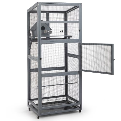 68.3" Large Wooden Bird Cage on Wheels, 0.5" Mesh, Gray
