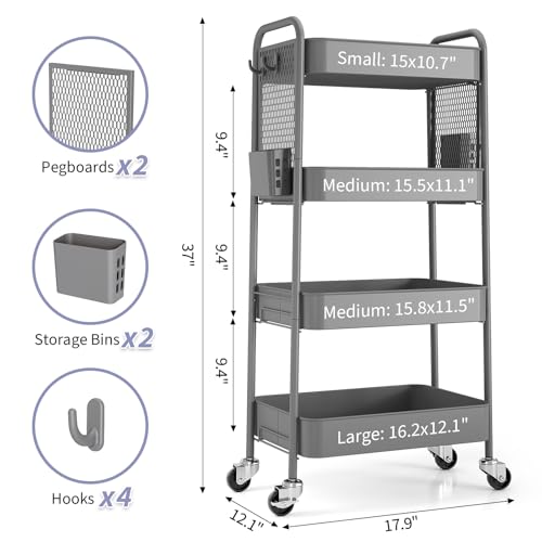 TOOLF 4 Tier Rolling Cart, Metal Utility Storage Cart with Pegboard, Grey - color: Gray, size: 4-Tier
