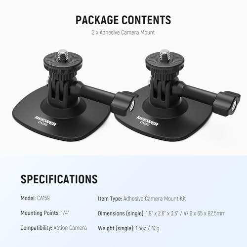 NEEWER Adhesive Mount 2 Pack Compatible with Insta 360 GoPro DJI AKASO Action Camera, 180° Flexible Car Helmet Holder Base Adapter for POV Video Recording Live Streaming, for 1/4" Accessories, CA159 - style: CA159(2-Pack)