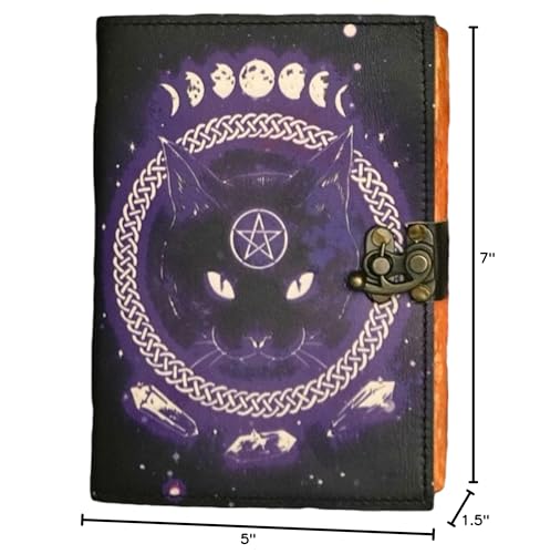 Hindoro Handmade Gothic Black Cat Leather Journal with Antique Brass Clasp – Celestial Moon Phase Grimoire Notebook, Witchy Wiccan Vintage Deckle Edge Paper Diary for Men & Women - style: The Magic Cat