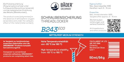 threadlocker B243Eco Medium Strength Blue 10ml Bottle - high Temperature Resistant, Fluorescent - Works on All Metals and Threads, for Large Threads