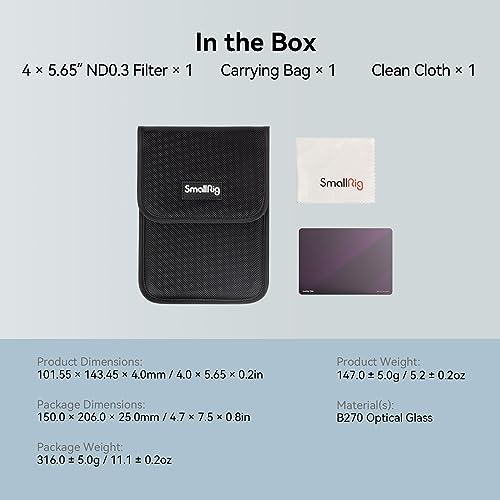 SmallRig 4 x 5.65 ND 1.8 (6 Stop) Filter, Square Neutral Density Filter, 4mm Thick Multi-Layer Coated B270 Optical Glass, 1.56% Light Transmittance for Matte Box Outdoor Filming – 4227