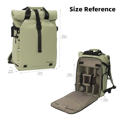 Besnfoto Camera Backpack, Expandable Roll Top Waterproof Photography Bag with Modular Dividers, Professional Camera Case for DSLR SLR Mirrorless Drones, Fits Up to 15.6 Inch Laptop - color: Light Green