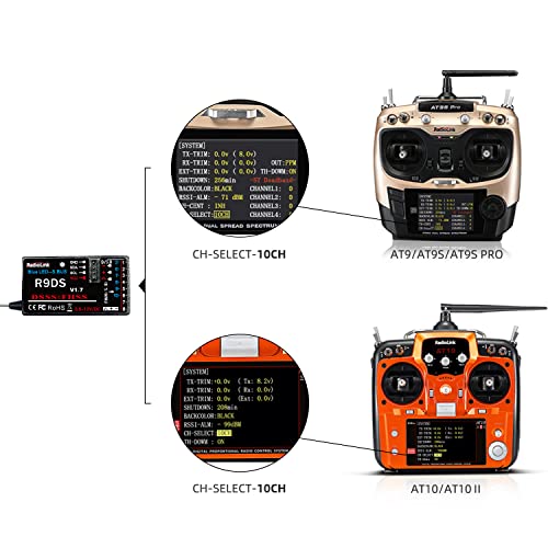 Radiolink AT9S Pro 10/12 Channels 2.4G RC Radio Transmitter and Receiver R9DS Long Range for FPV Racing Drone/Quad/Fixed Wing and More (Mode 2 Left Hand)