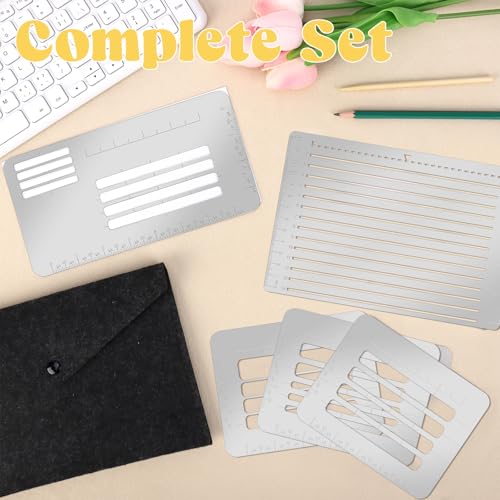 5 Pcs Metal Straight Line Stencil Templates Lettering Aid Template for Journaling Lettering & Writing Envelope Addressing Guide Ruler Set with Multiple Sizes Spacing Lines and Storage Pouch