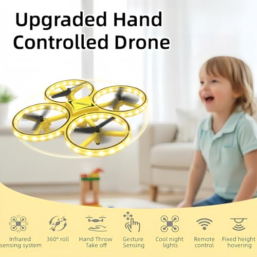 2025 Upgraded Hand Controlled Drone for Kids,Somatosensory aircraft with Smart Watch Controlled, Gesture sensing aircraft Cool LED Remote Control Drone 360° Flips,quadcopter,Toys Gifts for Boys and Girls (3-Yellow extra battery handle) - color: 3-Yellow e