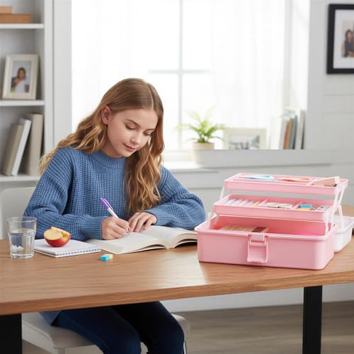 Hair Accessories Box,3-Layer Craft Tackle Art Tool Organizer Dusty Pink - color: Dusty Pink