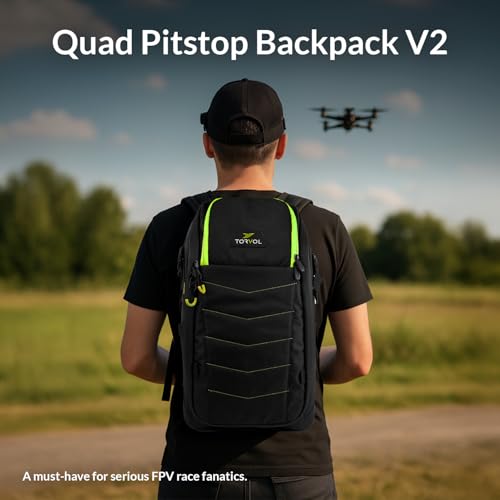 TORVOL - Quad PITSTOP Backpack V2, Compact FPV Drone Backpack for 2 Drones, Fits DJI Mini 3, Mini 4 Pro, DJI Neo, with Laptop Compartment, Waterproof Rain Cover, Black & Green, 25L