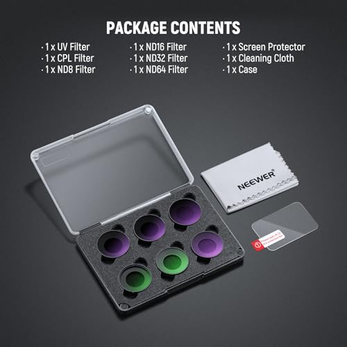 NEEWER ND Filter Set Compatible with DJI Osmo Nano (ND8/16/32/64/UV/CPL), Screw On Action Camera Lens Filter Multicoated Optical Glass Accessories with Tempered Glass Screen Protector, 6 Packs