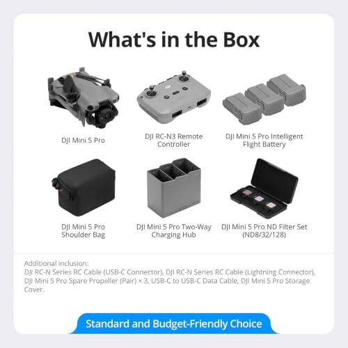 DJI Mini 5 Pro Drone Fly More Combo with RC-N3, 1" CMOS Sensor, 4K Video, Omnidirectional Obstacle Sensing, 3 Battery Bundle with Deco Gear CPS Exclusive 26 Month Protection Pack & Accessories Kit - style: Fly More Combo (DJI RC-N3) + Kit