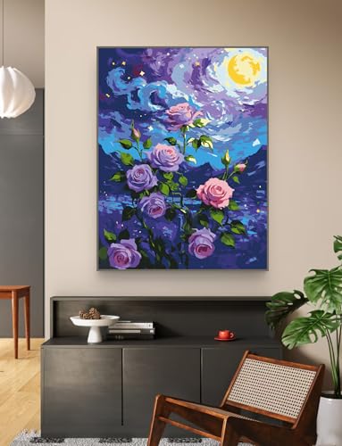 ZRIZQ Flowers Paint by Numbers Kit for Adults Beginner,Purple Rose,16x20 - color: 16"X20"Rolled Canvas(Frameless)-Flowers 2