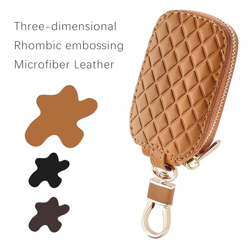 IHOTDER Stylish Car Key Case with Keychain and Zipper - Genuine Leather Car Key Case Holder for Remote Key Cover Replacement (Brown) - color: Brown