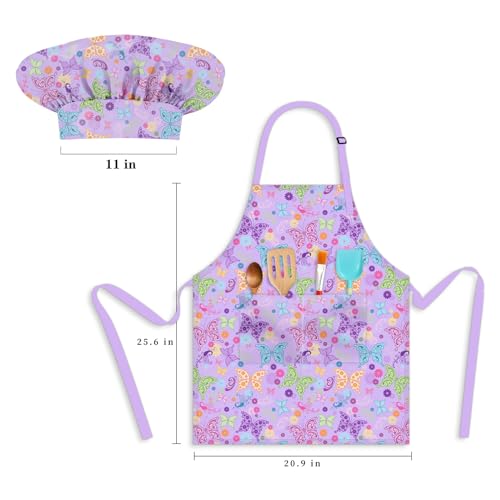 Kids Aprons for Cooking, Toddler Apron for Girls with Pockets Apron for Kid - color: Purple Butterfly