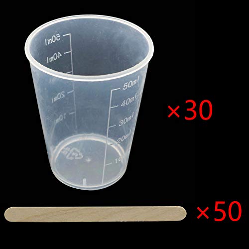 Tegg Plastic Graduated Cup 30PCS 50ml/1.7oz Clear Plastic Mixing Cups Measuring Cups with 50 PCS Wood Craft Sticks Transparent Scale Cups
