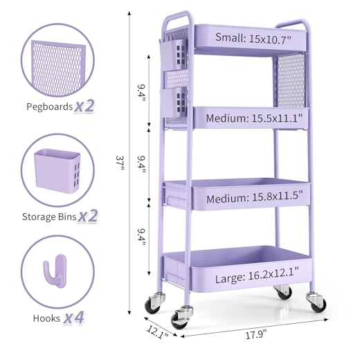 TOOLF 4 Tier Rolling Cart, Metal Utility Storage Cart with Pegboard, Purple - color: Purple, size: 4-Tier