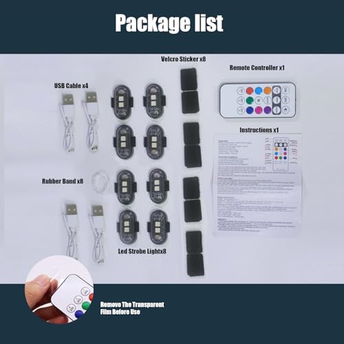 8PCS Wireless LED Strobe Lights with Remote Control,USB Charing 8 Colors Anti-Collision Light,Waterproof High Brightness Led for Car Motorcycle Bike Drone Aircraft (8)