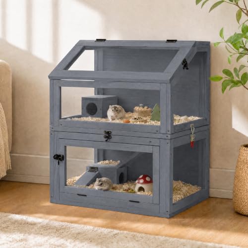 2-Tier Wooden Hamster Cage, 28"T Detachable Acrylic Habitat with Top Access