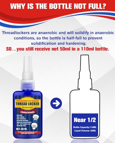Thread Lock Blue, Threadlocker Medium Strength, Thread Locker for Nuts, Bolts, Fasteners and Metals, Anaerobic Curing Screw Glue to Prevent Loosening (Blue (Removable))