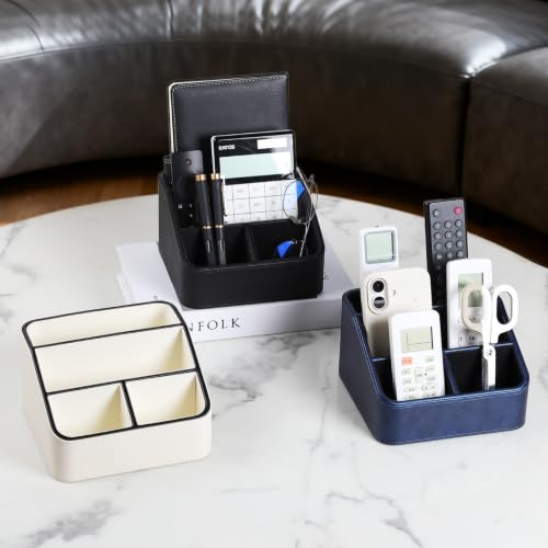 PU Leather Remote Control Holder, Nightstand Organizer with 4 Compartments - color: Navy Blue