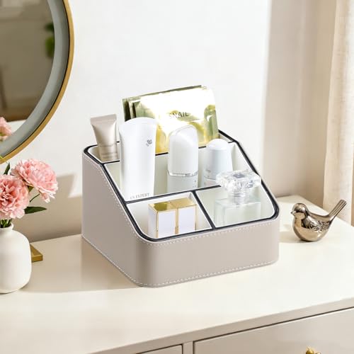 PU Leather Remote Control Holder, Nightstand Organizer with 4 Compartments - color: Beige
