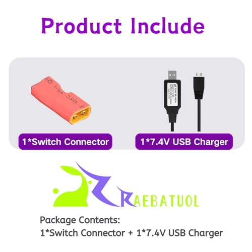 RC Battery Accessory Kit,No Wires XT60 Male (Yellow) Connector Switch to Deans T Female (red) Adapter, for Remote Control Toy Boat FPV Drone Car etc - 1 Pcs with 7.4V USB Charger Cable