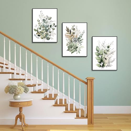 Sage Green Eucalyptus Framed Wall Art Set of 3, 16x24 inch - color: Green, size: 16"x24" Black Framed