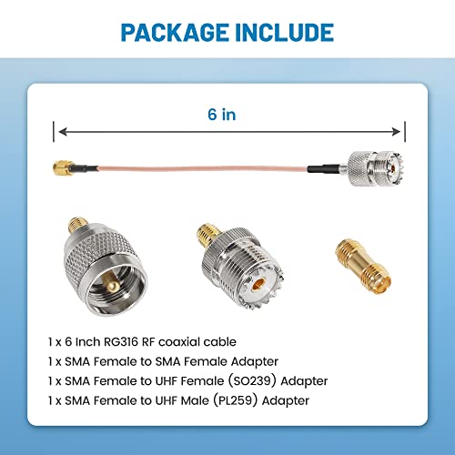 Anina SMA to UHF RF Coaxial Cable with SO239 PL259 Adapters for CB Radio Handheld Walkie Talkie 3-Pack Adapters 6 inch RG316