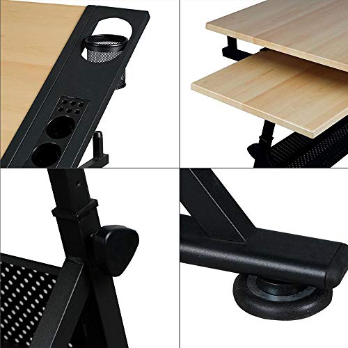 Yaheetech Adjustable Drafting Table Art Desk, Storage Drawers & Stool, Wood - color: Brown