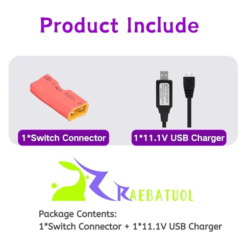 RC Battery Accessory Kit,No Wires XT60 Male (Yellow) Connector Switch to Deans T Female (red) Adapter, for Remote Control Toy Boat FPV Drone Car etc - 1 Pcs with 11.1V USB Charger Cable