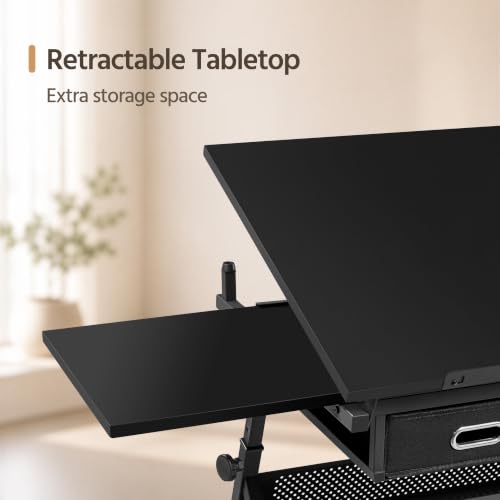 Yaheetech Adjustable Drafting Table Art Desk,Storage Drawers & Stool,Black - color: Black