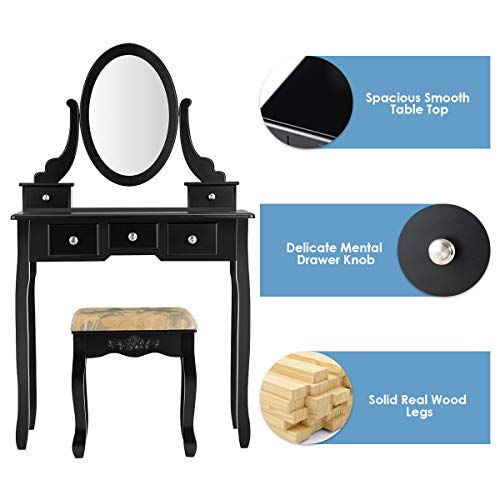CHARMAID Vanity Table Set with Rotatable Oval Mirror, Bedroom Makeup Table with 5 Drawers for Women Girls, Dressing Table with Cushioned Stool (Black) - color: Black, style: Round Mirror