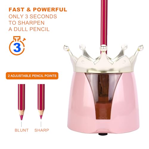 Automatic Electric Pencil Sharpener – 2AA Battery, Ideal for No.2 and Colored Pencils – Perfect for School, Home, Office, and Classroom Use – Crown Design (Pink)